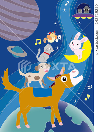 布萊梅市音樂家與太空音樂會插圖 / 童話、兔子、外星人、不明飛行物、行星、背景素材 布萊梅市音樂家與太空音樂會插圖 / 童話、兔子、外星人、不明飛行物、行星、背景素材 142719230
