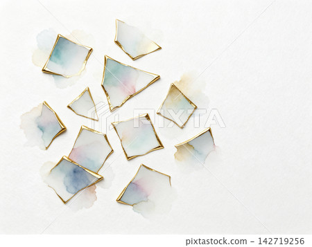 A modern background of white washi paper with fragments of kintsugi (gold repair) floating graphically. A modern background of white washi paper with fragments of kintsugi (gold repair) floating graphically. 142719256