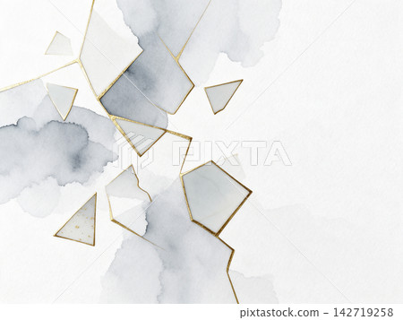 在現代感十足的白色和紙背景上,漂浮著金繕(金箔修復)的碎片,極具視覺衝擊力。 在現代感十足的白色和紙背景上,漂浮著金繕(金箔修復)的碎片,極具視覺衝擊力。 142719258