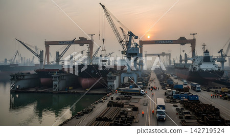 一個有巨型起重機的建築工地 一個有巨型起重機的建築工地 142719524
