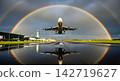 A rainbow and an aircraft on the runway 142719627