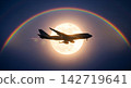 Silhouette of a passenger plane flying across the full moon 142719641
