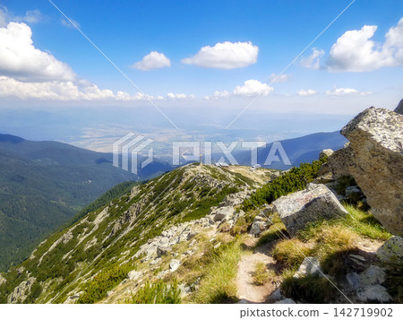 Bansko ski resort Todorka peak area Pirin, Bulgaria ski chairlift stations in summer 142719902