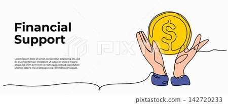 Vector illustration of financial support and investment protection. Modern flat design with a continuous line style. Vector illustration of financial support and investment protection. Modern flat design with a continuous line style. 142720233