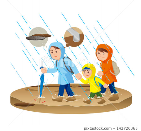 洪水疏散-注意在被洪水淹沒的道路上行走 01 洪水疏散-注意在被洪水淹沒的道路上行走 01 142720363