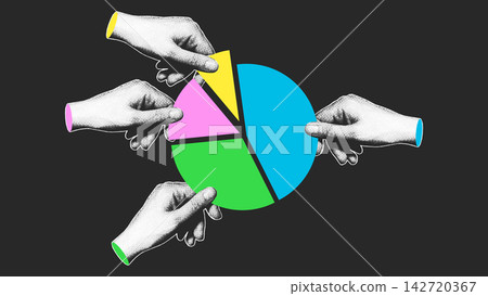 Halftone Hands Assembling Pie Chart Segments Dark Illustration Halftone Hands Assembling Pie Chart Segments Dark Illustration 142720367