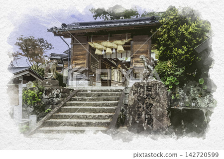 Watercolor style painting of the Zuishinmon Gate at Suga Shrine, Unnan City, Shimane Prefecture 142720599