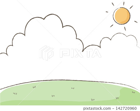 A simple background illustration with a hand-drawn style sun, clouds, and grass. A simple background illustration with a hand-drawn style sun, clouds, and grass. 142720960