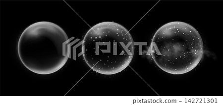 Grey magic fantasy spheres set. Crystal ball with glowing sparkles and particles. Energy orb with glow flare light effect. Isolated on transparent background. Vector illustration. Grey magic fantasy spheres set. Crystal ball with glowing sparkles and particles. Energy orb with glow flare light effect. Isolated on transparent background. Vector illustration. 142721301