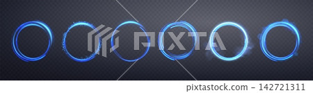 Glowing blue magic rings. Neon realistic energy flare halo rings. Abstract light effect on a dark transparent background. Vector illustration. Glowing blue magic rings. Neon realistic energy flare halo rings. Abstract light effect on a dark transparent background. Vector illustration. 142721311