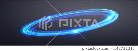 Glowing blue magic rings. Dynamic orbital flare halo ring. Neon realistic energy swoosh swirl. Abstract light effect on a dark transparent background. Vector illustration. Glowing blue magic rings. Dynamic orbital flare halo ring. Neon realistic energy swoosh swirl. Abstract light effect on a dark transparent background. Vector illustration. 142721313
