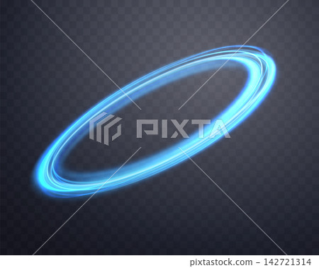 Glowing blue magic rings. Dynamic orbital flare halo ring. Neon realistic energy swoosh swirl. Abstract light effect on a dark transparent background. Vector illustration. Glowing blue magic rings. Dynamic orbital flare halo ring. Neon realistic energy swoosh swirl. Abstract light effect on a dark transparent background. Vector illustration. 142721314