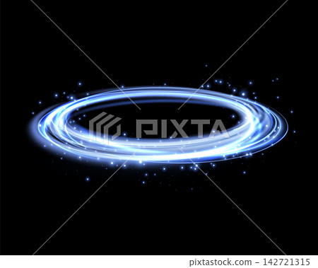 Blue glowing magic ring. Neon realistic energy flare halo ring. Abstract light effect on a black background. Vector illustration. Blue glowing magic ring. Neon realistic energy flare halo ring. Abstract light effect on a black background. Vector illustration. 142721315