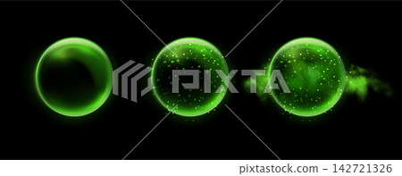 Green magic fantasy spheres set. Crystal ball with glowing sparkles and particles. Energy orb with glow flare light effect. Isolated on black background. Vector illustration. Green magic fantasy spheres set. Crystal ball with glowing sparkles and particles. Energy orb with glow flare light effect. Isolated on black background. Vector illustration. 142721326