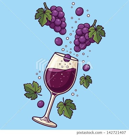Wine Glass Pouring Red Wine with Grapes and Leaves Illustration Wine Glass Pouring Red Wine with Grapes and Leaves Illustration 142721407