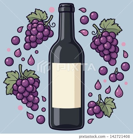 Wine Bottle Illustration with Fresh Purple Grapes and Juice Drops Wine Bottle Illustration with Fresh Purple Grapes and Juice Drops 142721408