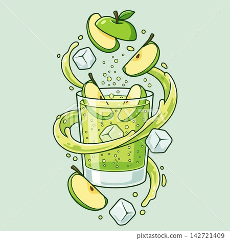 Green Apple Juice Splash with Ice Cubes and Fresh Fruit Slices Green Apple Juice Splash with Ice Cubes and Fresh Fruit Slices 142721409