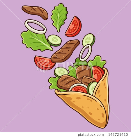 Doner Kebab Wrap with Flying Fresh Ingredients and Grilled Meat 142721410