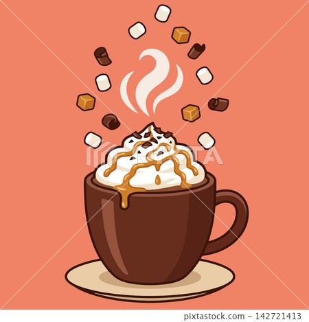 Hot Chocolate Mug with Whipped Cream Caramel and Marshmallows Vector Hot Chocolate Mug with Whipped Cream Caramel and Marshmallows Vector 142721413