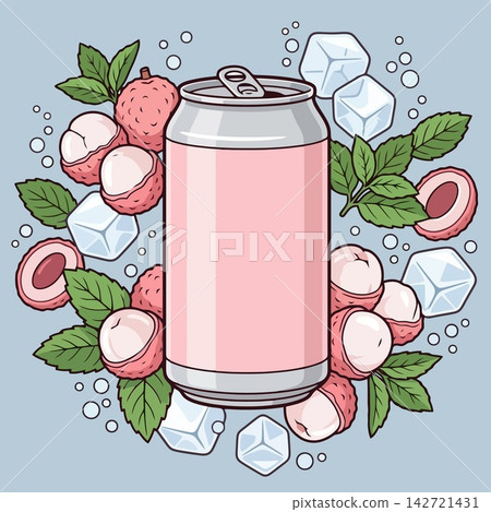 Lychee Beverage Can Surrounded by Fresh Fruit Mint and Ice Cubes Lychee Beverage Can Surrounded by Fresh Fruit Mint and Ice Cubes 142721431