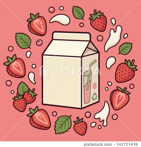 Strawberry Milk Carton Illustration with Fresh Fruit and Mint Leaves Strawberry Milk Carton Illustration with Fresh Fruit and Mint Leaves 142721439