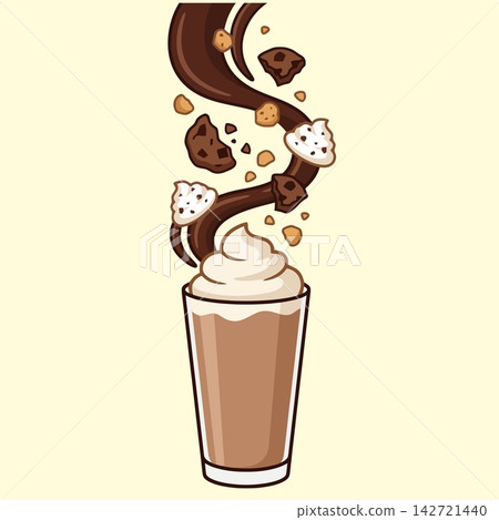 Milkshake Fluid Motion Splash with Chocolate Cookies and Whipped Cream 142721440