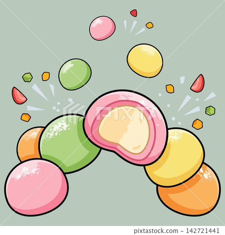 Mochi Balls with Sweet Filling and Fruit Pieces in Anime Style Mochi Balls with Sweet Filling and Fruit Pieces in Anime Style 142721441