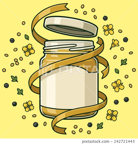 Mustard Jar with Floating Lid and Yellow Flower Seasoning Background Mustard Jar with Floating Lid and Yellow Flower Seasoning Background 142721443