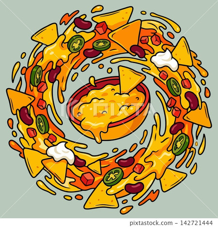 Nachos Spinning in a Vortex with Melted Cheese and Jalapenos Nachos Spinning in a Vortex with Melted Cheese and Jalapenos 142721444