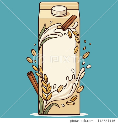 Oat Milk Carton Package Illustration with Grains and Cinnamon Oat Milk Carton Package Illustration with Grains and Cinnamon 142721446