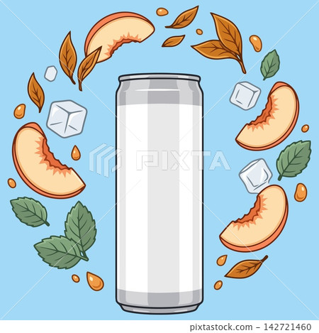 Peach Beverage Can Surrounded by Fresh Fruit Slices and Mint Leaves Peach Beverage Can Surrounded by Fresh Fruit Slices and Mint Leaves 142721460