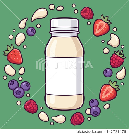 Smoothie Bottle Surrounded by Fresh Berries and Milk Splashes 142721476