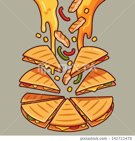 Quesadilla Slices Floating with Melting Cheese and Grilled Chicken Quesadilla Slices Floating with Melting Cheese and Grilled Chicken 142721478