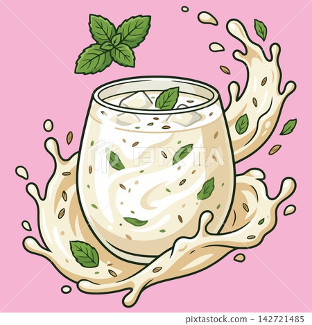 Lassi Refreshing Mint Drink with Splashing Milk and Ice Cubes Lassi Refreshing Mint Drink with Splashing Milk and Ice Cubes 142721485