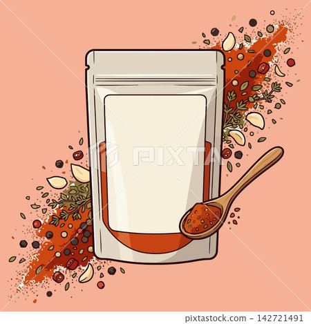 Spices Pouch Packaging Mockup with Wooden Spoon and Herbs Spices Pouch Packaging Mockup with Wooden Spoon and Herbs 142721491