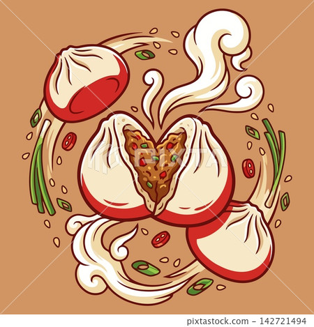 Dumpling Illustration with Steam and Savory Meat Filling Inside Dumpling Illustration with Steam and Savory Meat Filling Inside 142721494
