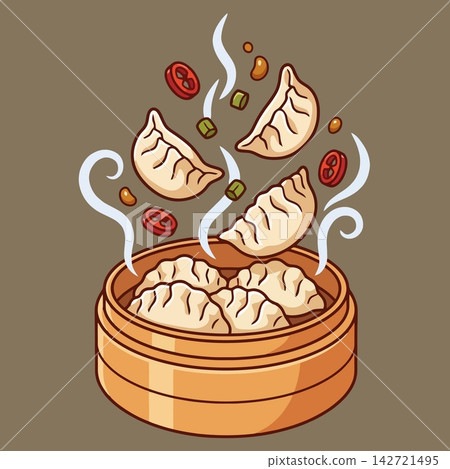 Dumplings Floating Above Bamboo Steamer with Chili and Steam Dumplings Floating Above Bamboo Steamer with Chili and Steam 142721495