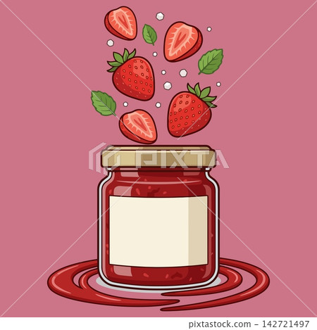 Strawberry Jam Jar with Fresh Fruits and Mint Leaves Illustration Strawberry Jam Jar with Fresh Fruits and Mint Leaves Illustration 142721497