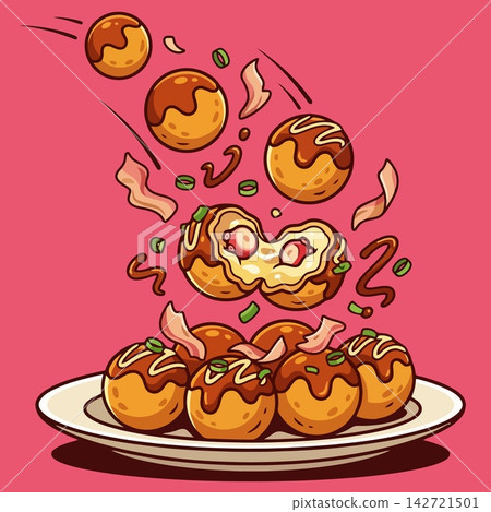 Takoyaki Illustration Featuring Japanese Street Food Snack Balls Takoyaki Illustration Featuring Japanese Street Food Snack Balls 142721501