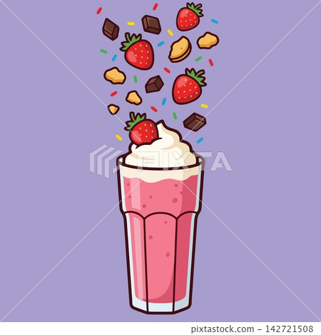 Strawberry Milkshake with Fresh Fruit Topping and Chocolate Pieces Strawberry Milkshake with Fresh Fruit Topping and Chocolate Pieces 142721508