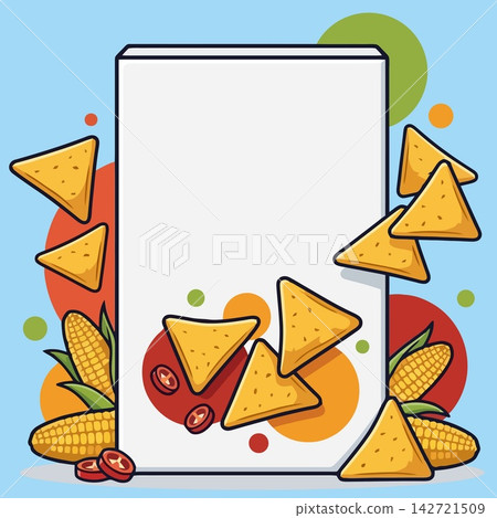 Nachos Packaging Box Mockup with Corn Cobs and Chips Illustration Nachos Packaging Box Mockup with Corn Cobs and Chips Illustration 142721509