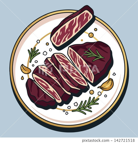 Steak Dinner Plate Illustration with Sliced Beef Garlic and Herbs Steak Dinner Plate Illustration with Sliced Beef Garlic and Herbs 142721518