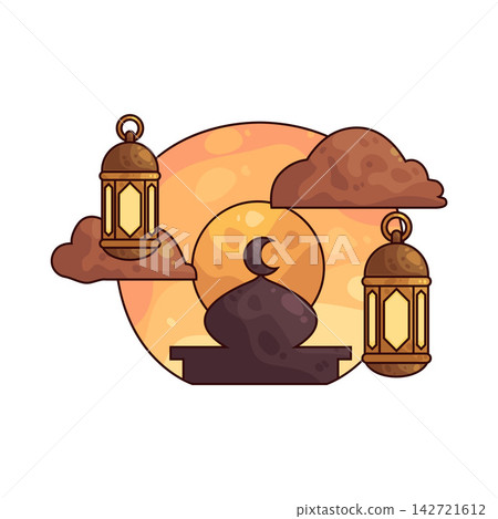 Illustration of Mosque Silhouette at Sunrise Illustration of Mosque Silhouette at Sunrise 142721612