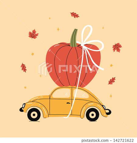 Cute retro car carrying huge orange pumpkin with white bow, autumn harvest concept vector illustration Cute retro car carrying huge orange pumpkin with white bow, autumn harvest concept vector illustration 142721622