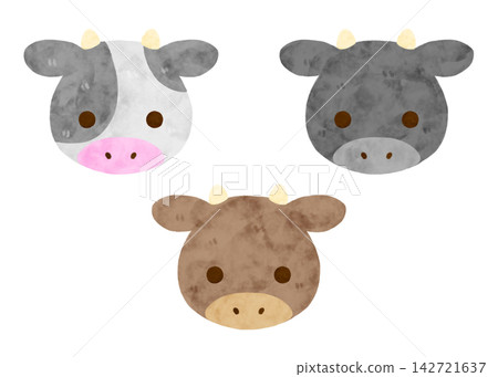 Hand-drawn watercolor cute cow illustration set (black, brown, white) with horns, stylized, white background. 142721637