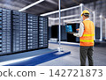 Programmer or engineer with computer notebook in data center 142721873