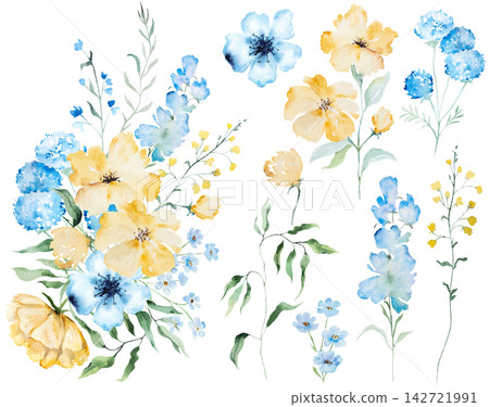 Floral clipart bouquet with blue and yellow watercolor wildflower, isolated wedding illustration Floral clipart bouquet with blue and yellow watercolor wildflower, isolated wedding illustration 142721991