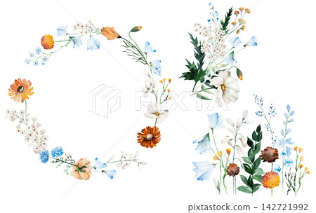 Watercolor floral clipart with blue, ivory and orange wildflowers, illustration for wedding stationery Watercolor floral clipart with blue, ivory and orange wildflowers, illustration for wedding stationery 142721992