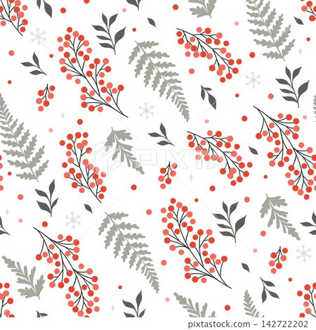 Christmas seamless pattern with red berries, grey botanical branches and snowflakes on white background. Winter holiday festive vector illustration. Christmas seamless pattern with red berries, grey botanical branches and snowflakes on white background. Winter holiday festive vector illustration. 142722202