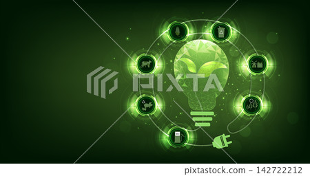 Lightbulb revealing green plant inside with eco icons for biofuel Production and Renewable Energy Concept. 142722212